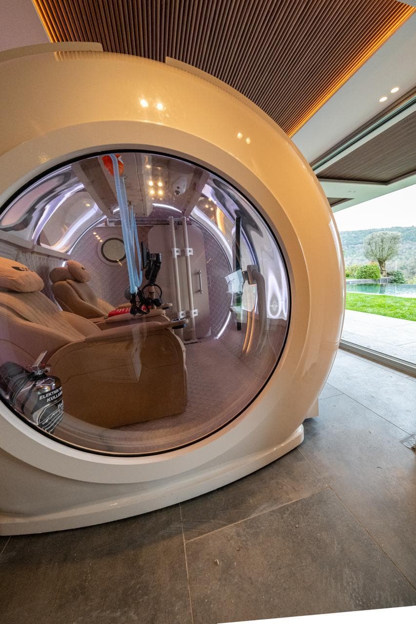 The Coral Ark's domed porthole in a private residence, tan leather seats visible through the glass with the garden beyond