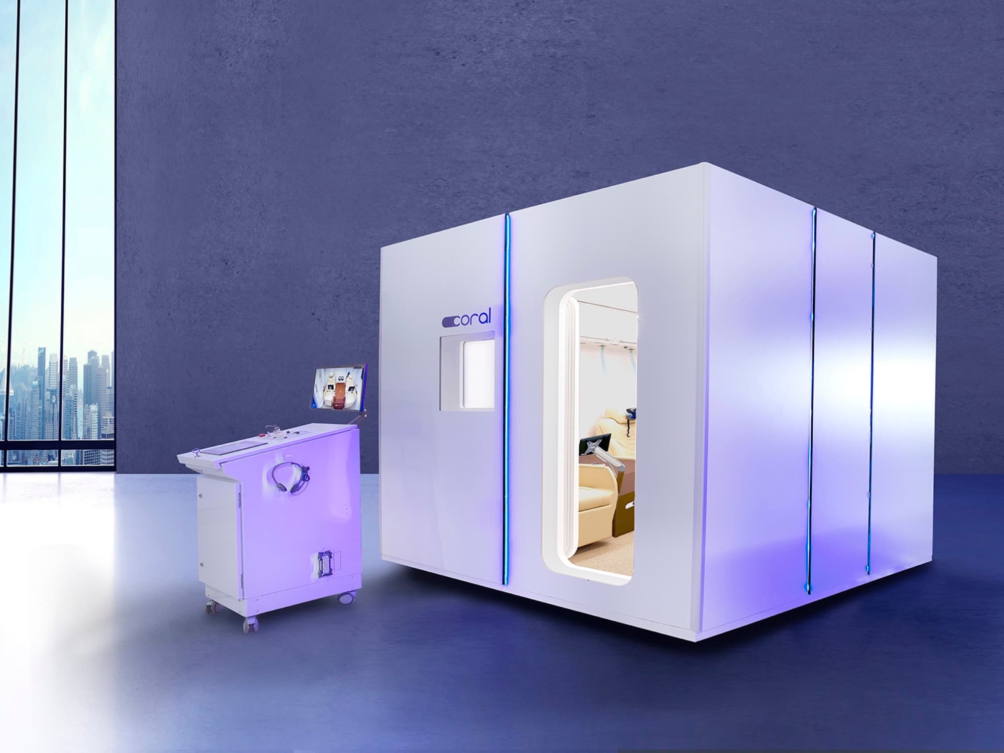 Coral Cube exterior in Qatar, white module with control console and cabin window