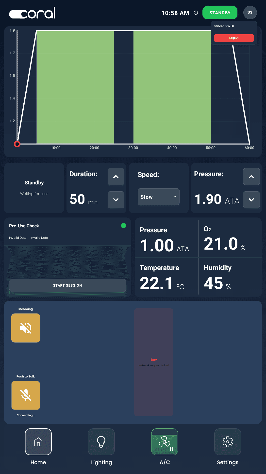 Coral Control dashboard showing live session profile chart and sensor readouts