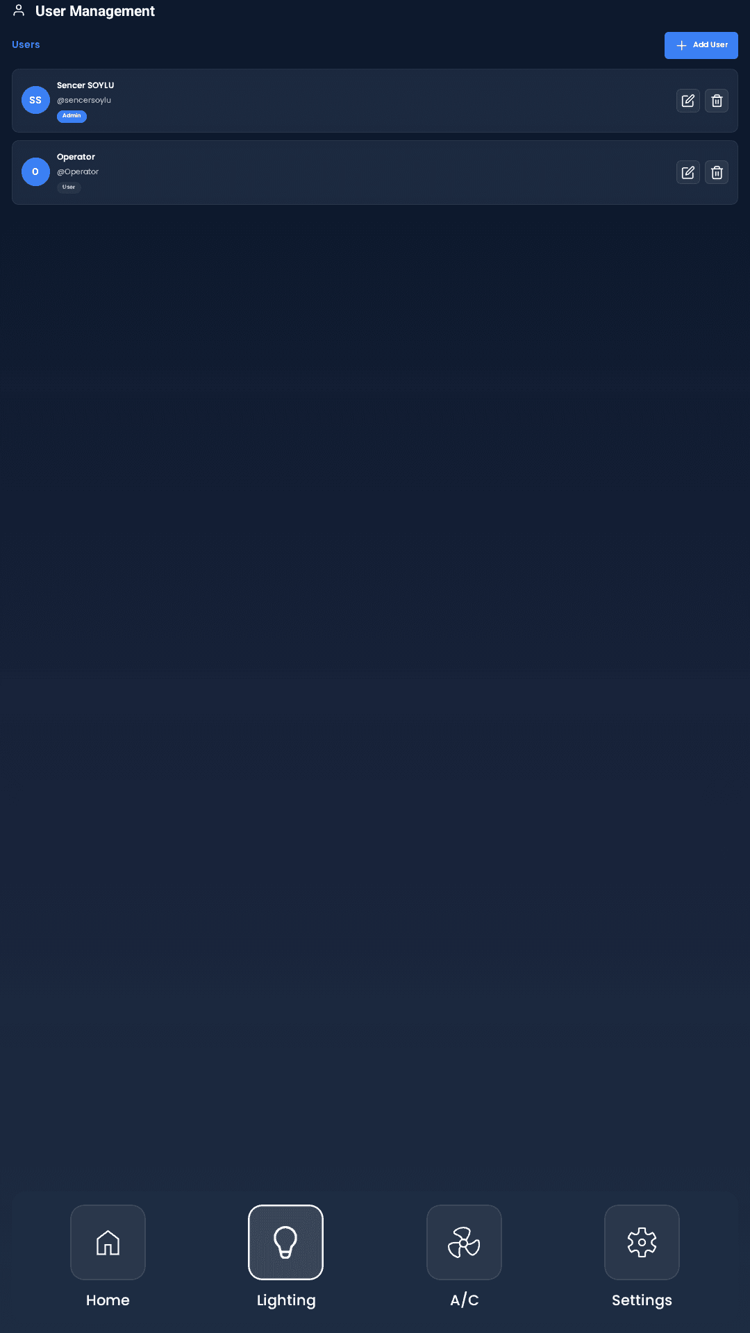 Coral Control user management screen